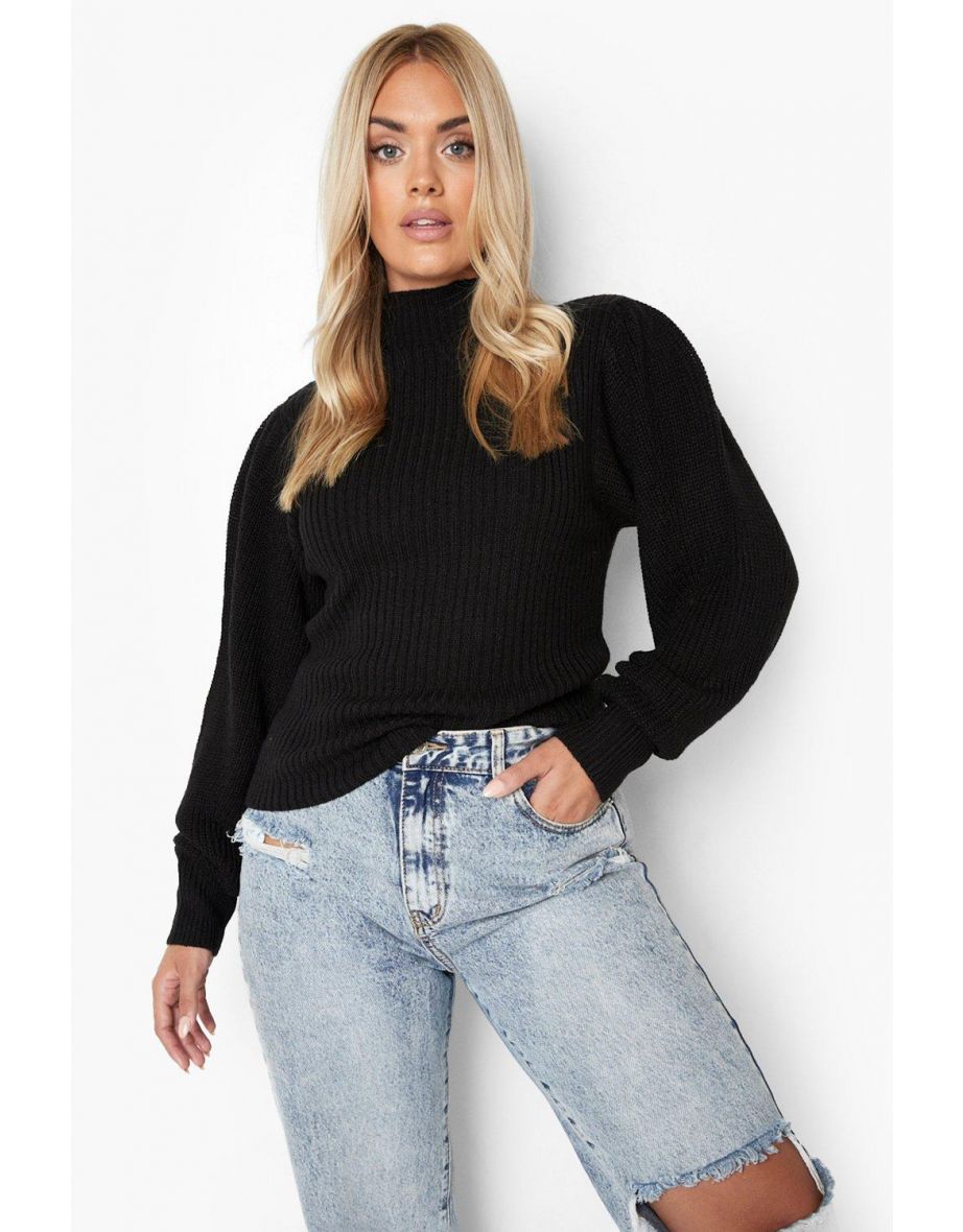 Plus Contrast Stitch Balloon Sleeve Jumper - black - 3