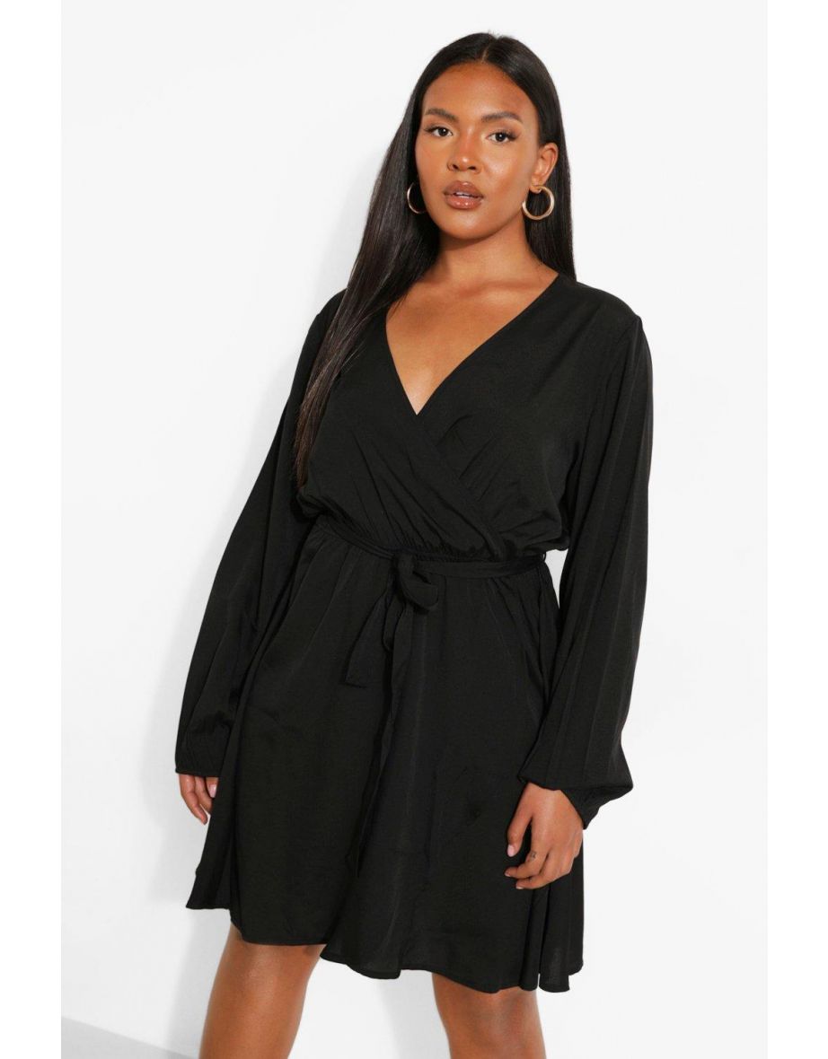 Plus Wrap Front Frill Long Sleeve Dress - black