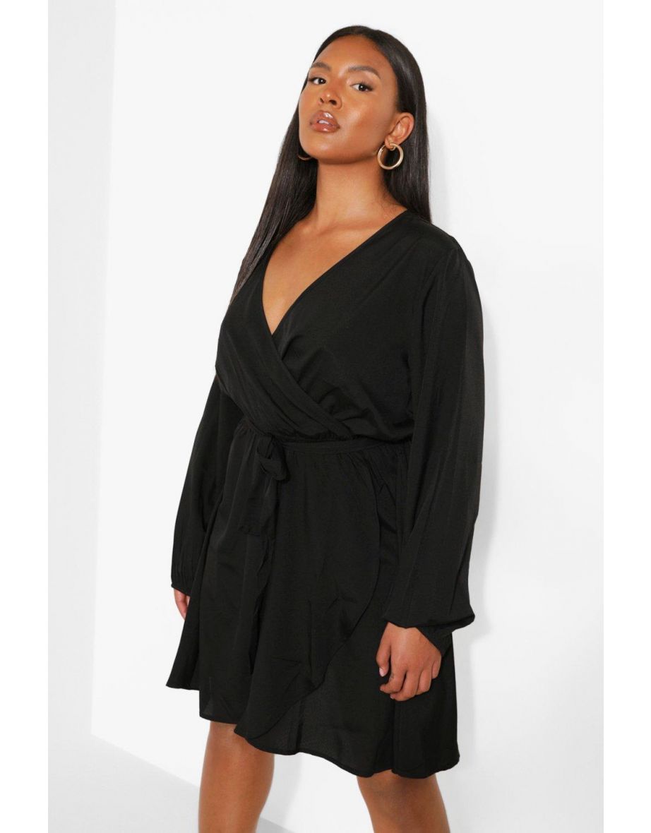 Plus Wrap Front Frill Long Sleeve Dress - black - 3
