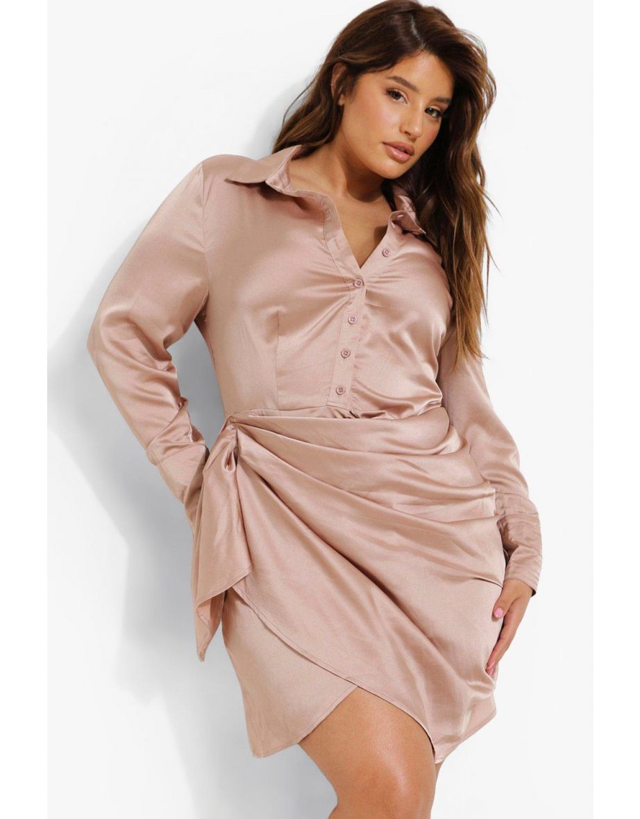 Plus Satin Ruched Wrap Dress - champagne - 3
