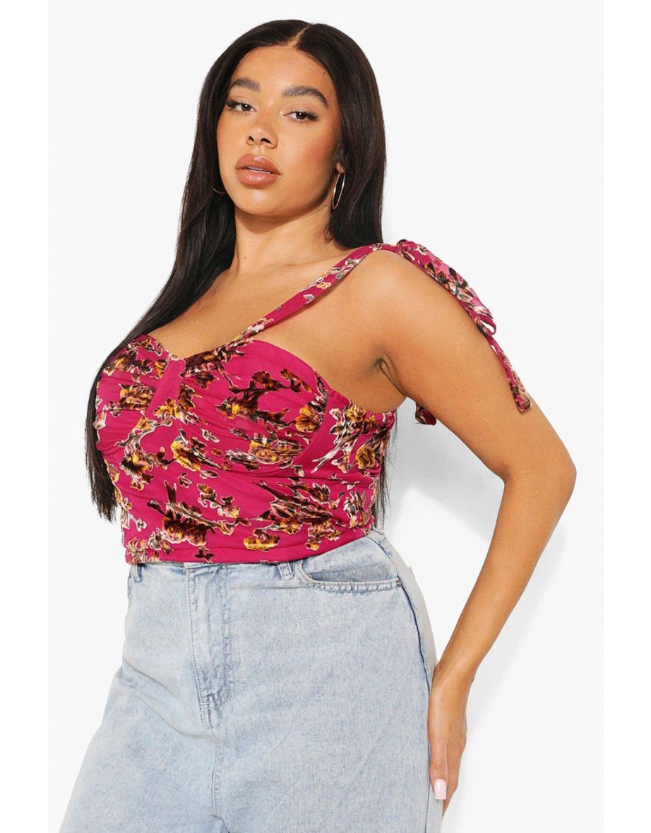 Plus Floral Corset Tie Detail Top - pink