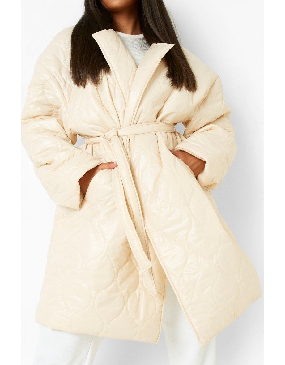 Plus Quilted Collar Belted Puffer - stone - 3