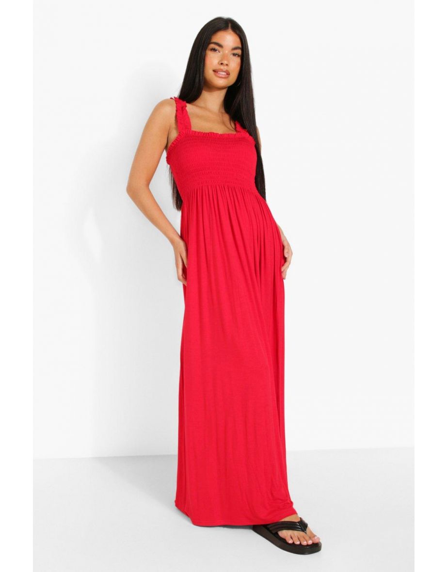 Petite Shirred Ruffle Strap Maxi Dress - red