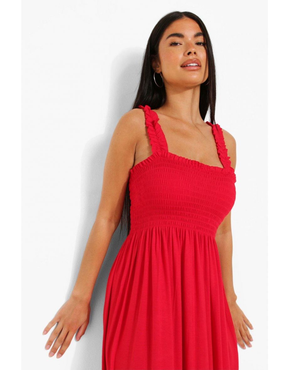 Petite Shirred Ruffle Strap Maxi Dress - red - 3