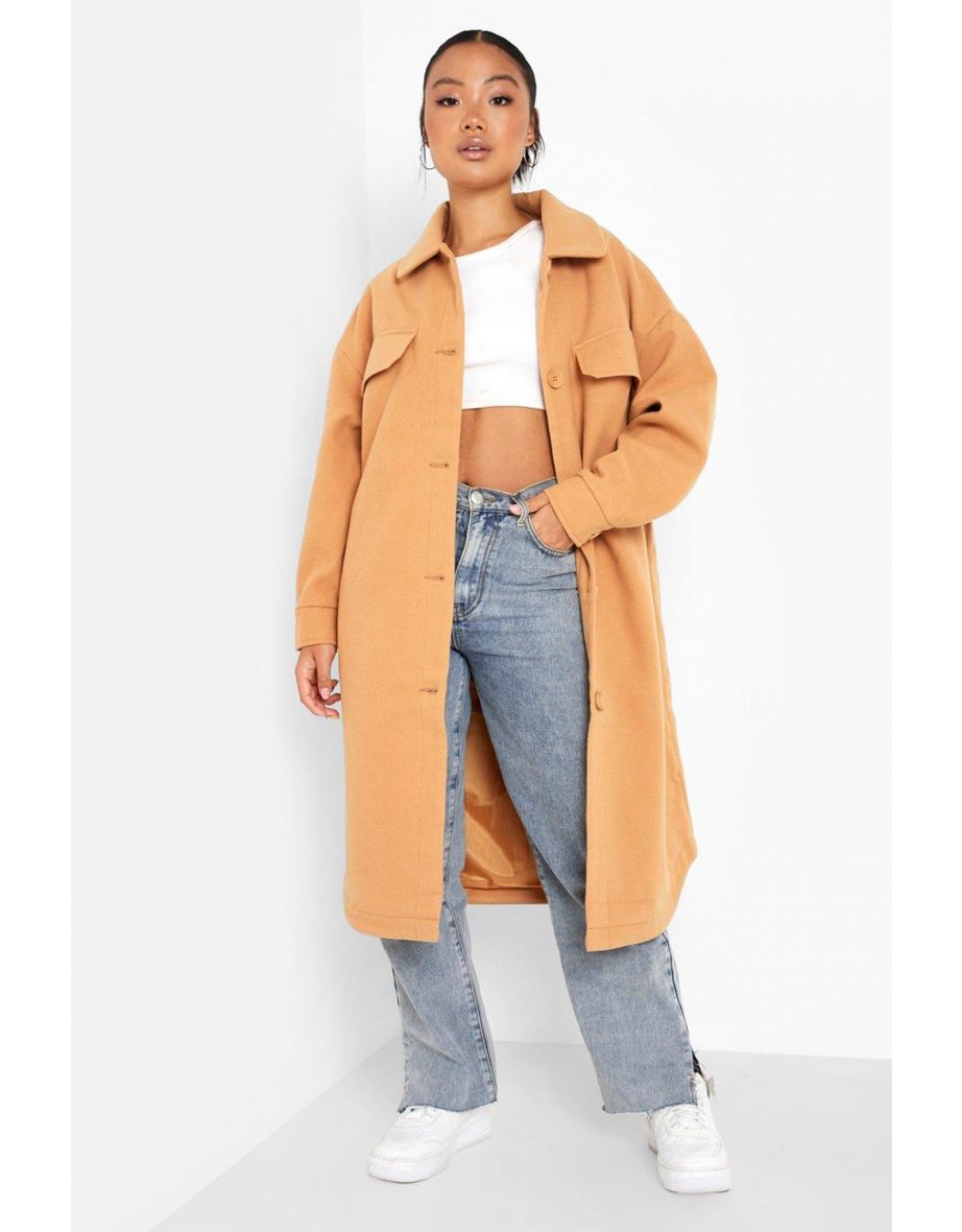 Petite Wool Look Longline Shacket - camel