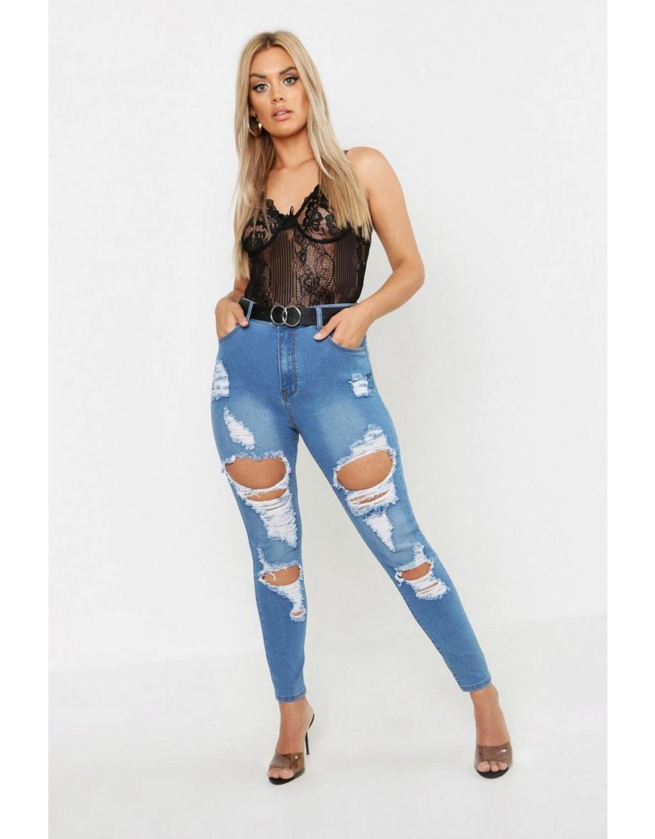 Plus Distressed High Rise Stretch Skinny Jean - mid blue