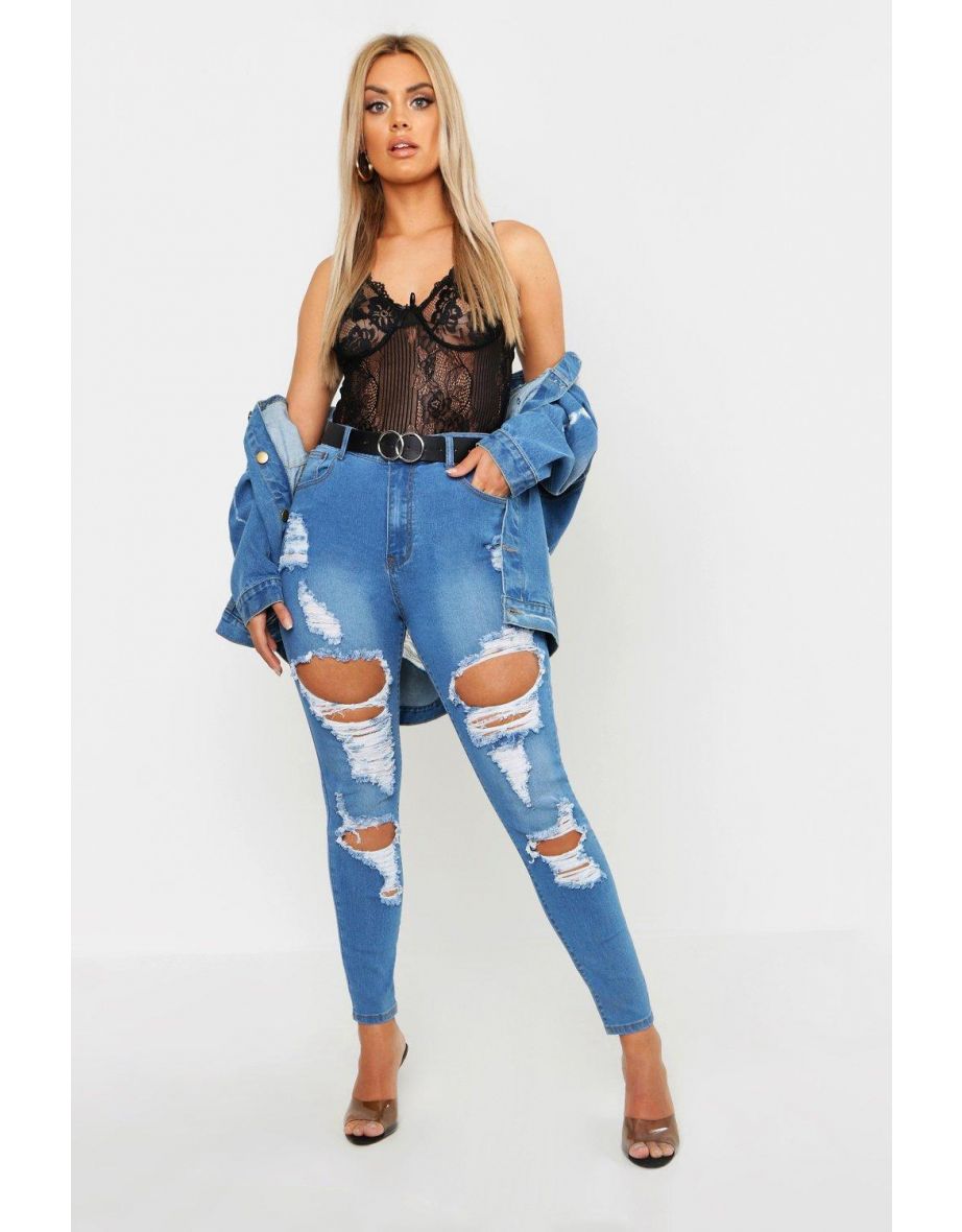 Plus Distressed High Rise Stretch Skinny Jean - mid blue - 3