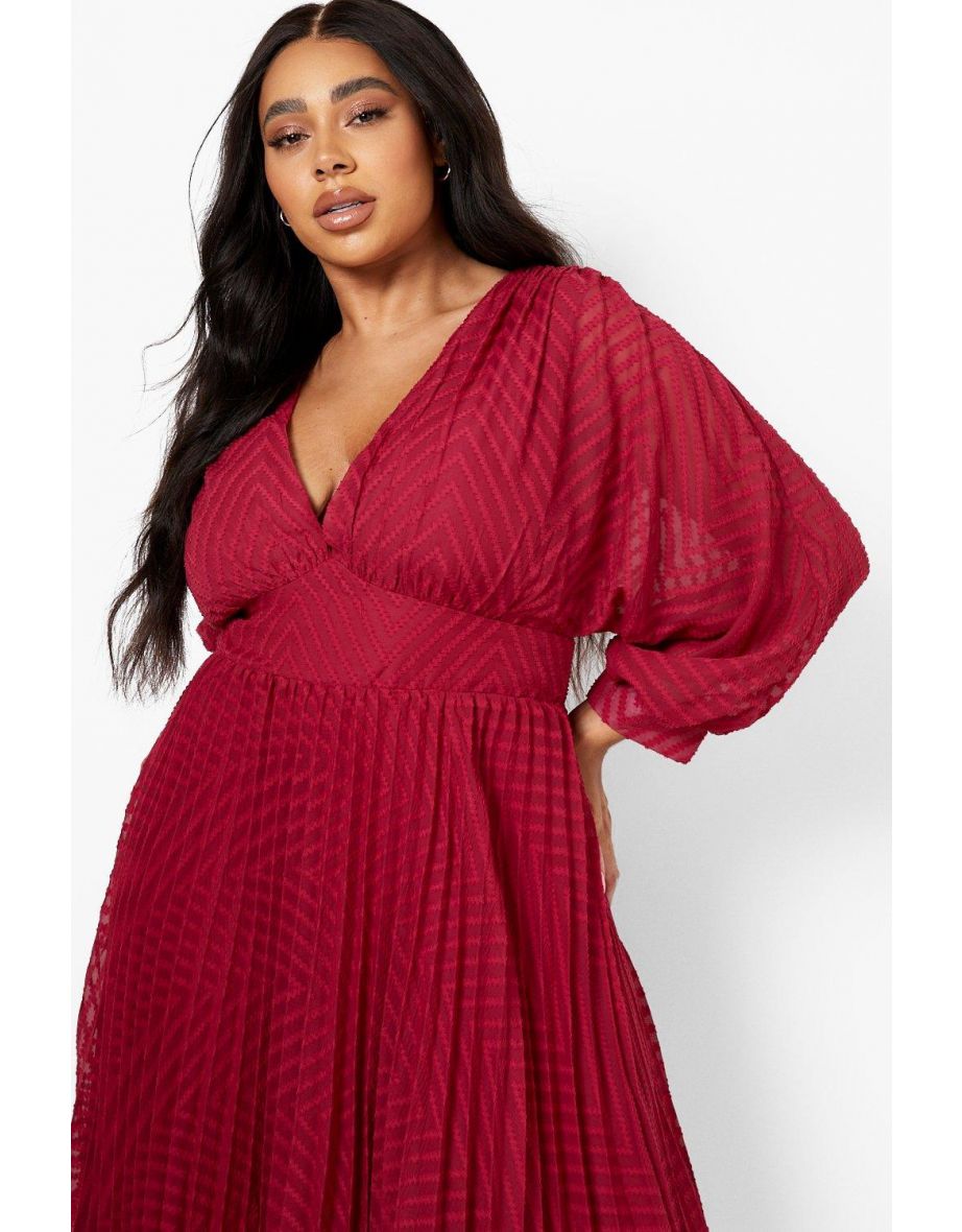 Plus Textured Chiffon Midi Skater Dress - berry - 3