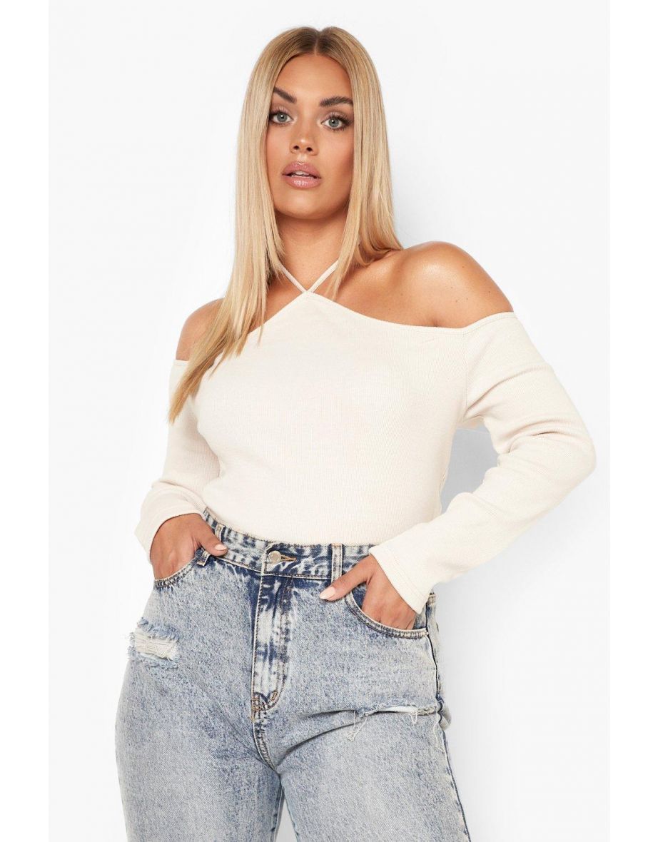 Plus Premium Rib Choker Bardot Top - stone