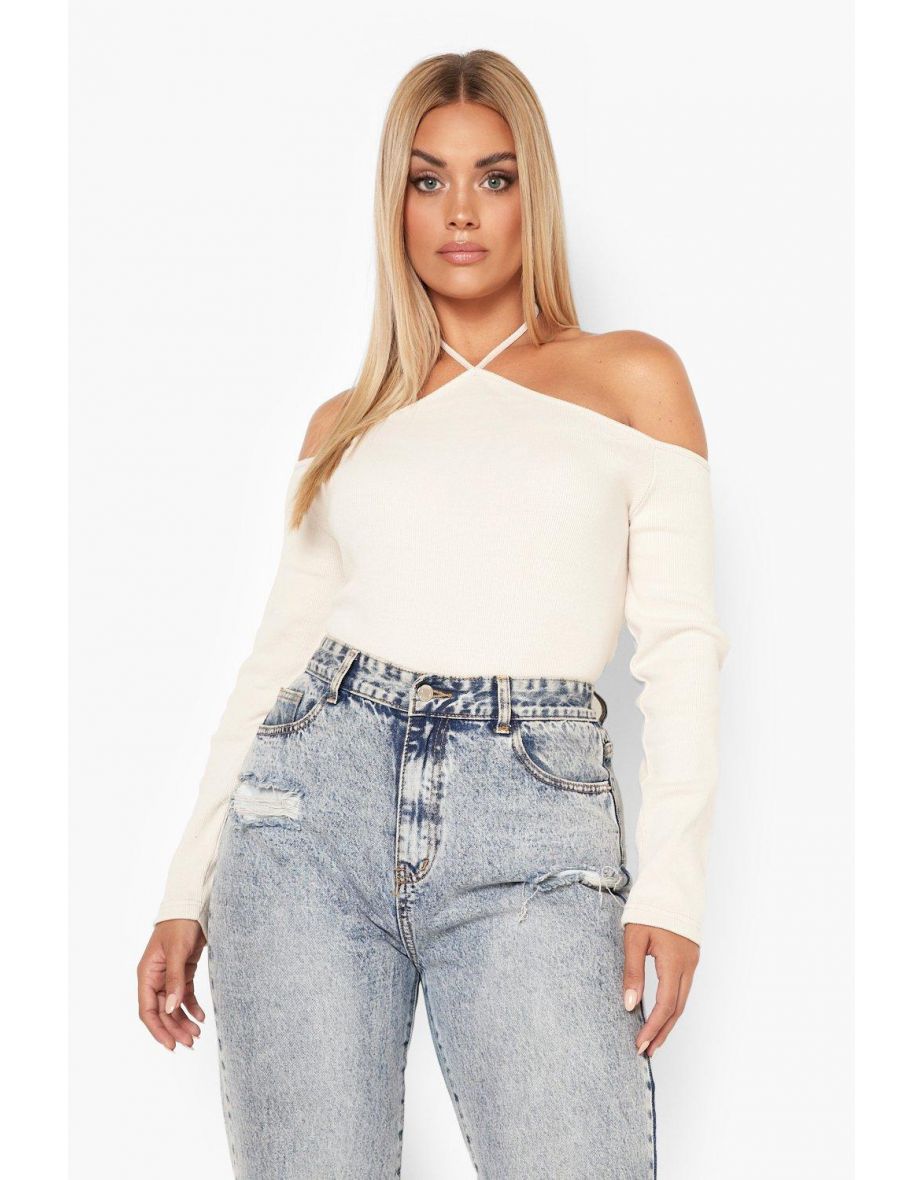 Plus Premium Rib Choker Bardot Top - stone - 3