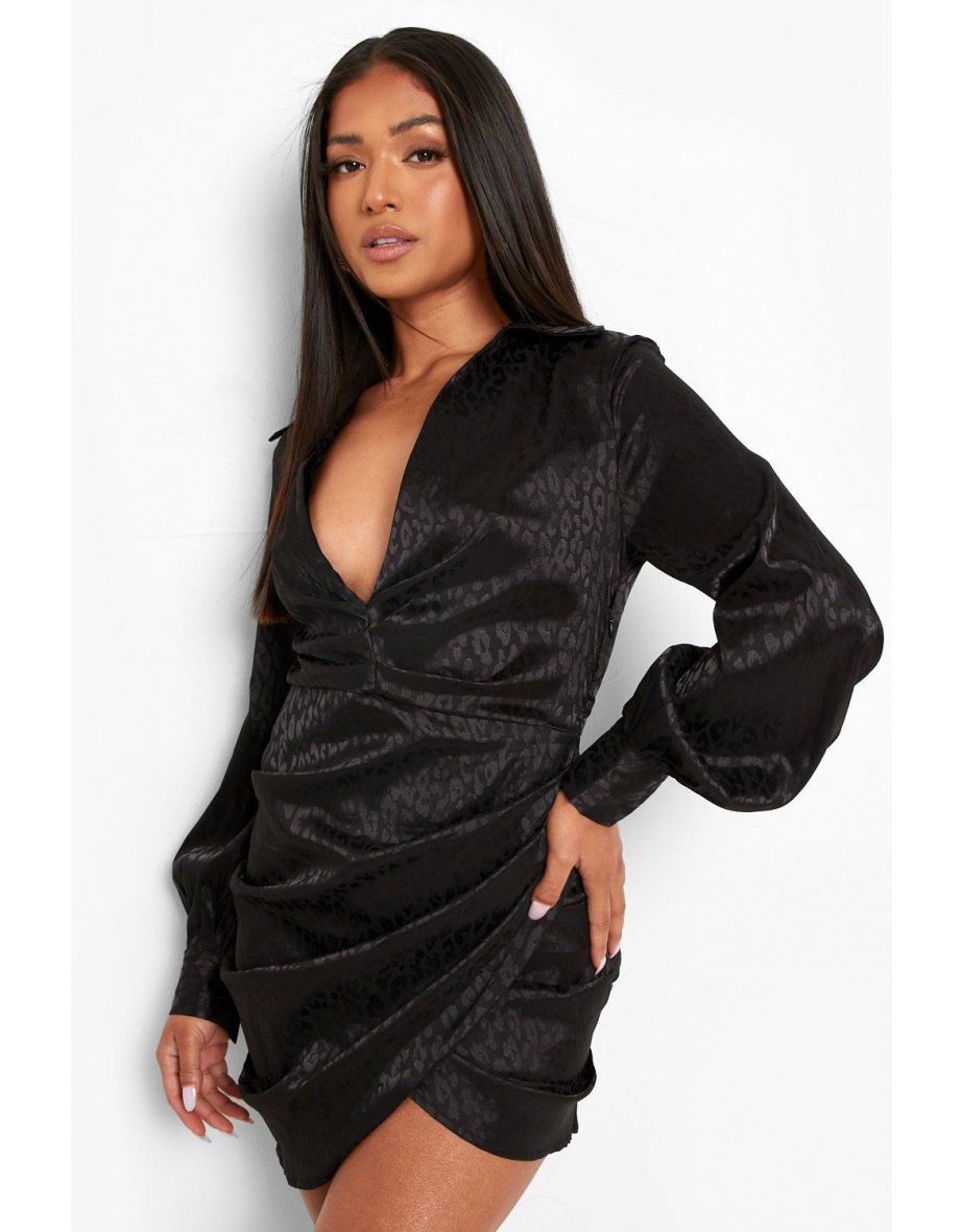 Petite Satin Plunge Woven Wrap Mini Dress - black