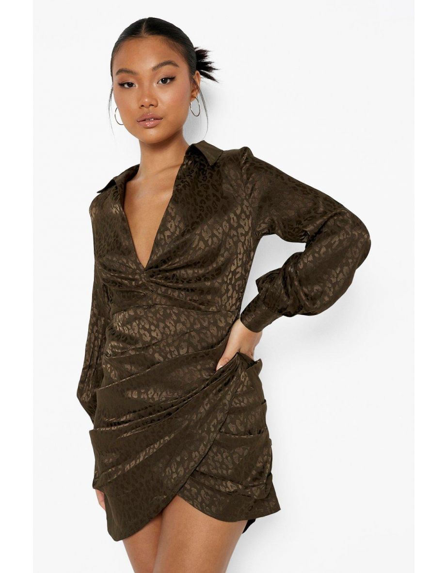 Petite Satin Plunge Woven Wrap Mini Dress - khaki