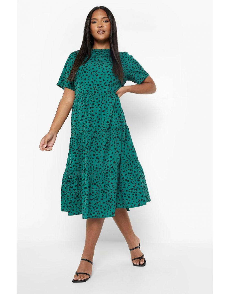 Plus Smudge Print Tiered Midi Dress - green