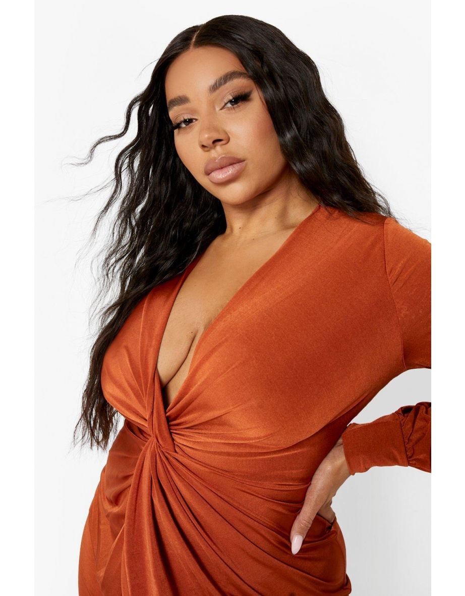 Plus Twist Front Plunge Midi Dress - burnt orange - 3