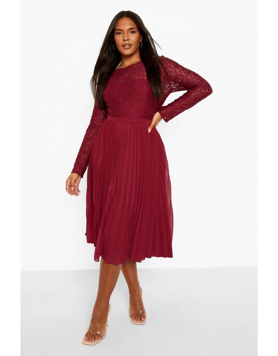 Plus Lace Chiffon Pleated Midi Dress - berry