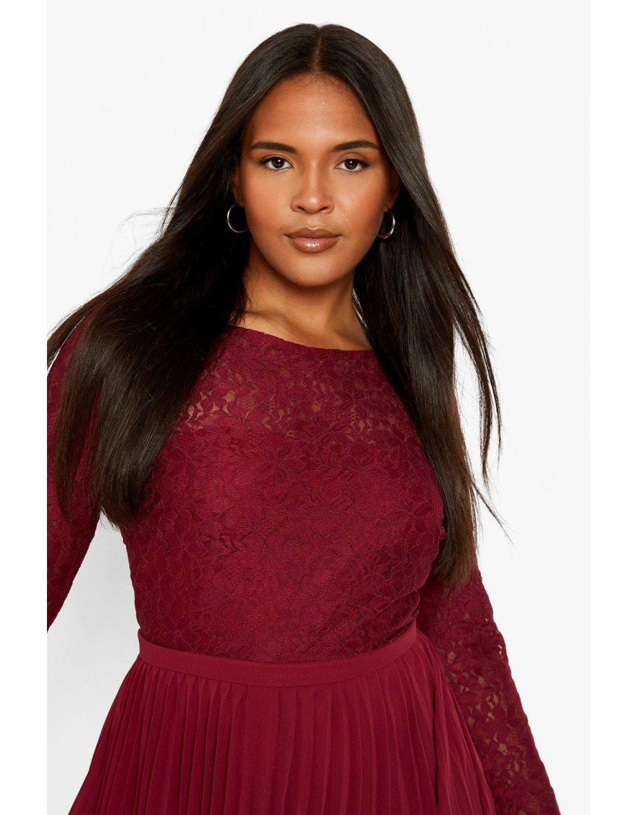 Plus Lace Chiffon Pleated Midi Dress - berry - 3