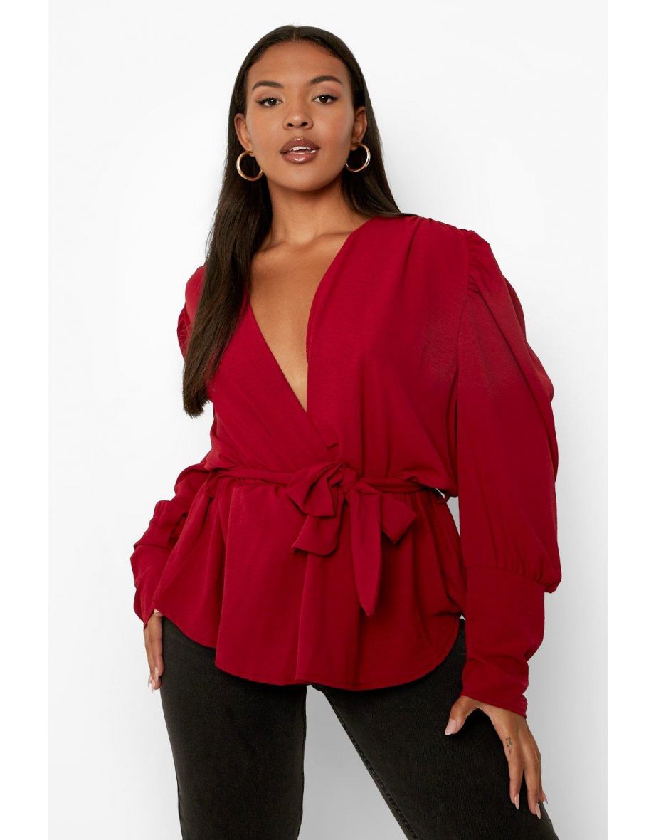 Plus Volume Sleeve Wrap Peplum - berry