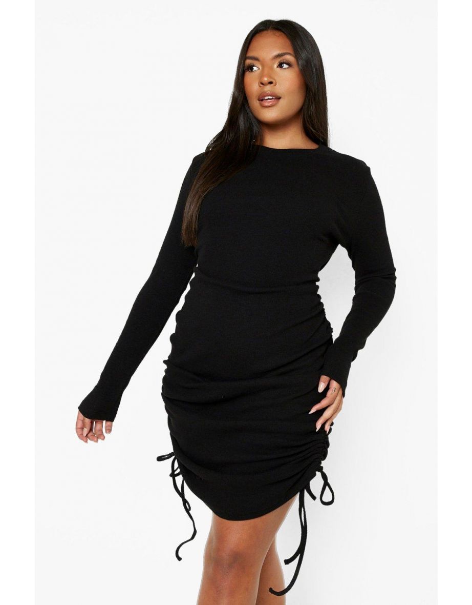 Plus Rib Ruched Long Sleeve Bodycon Dress - black - 3