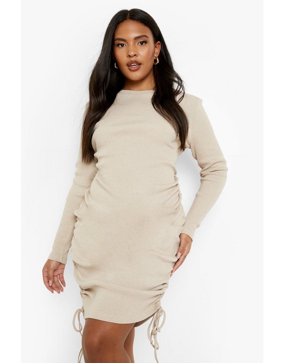 Plus Rib Ruched Long Sleeve Bodycon Dress - stone