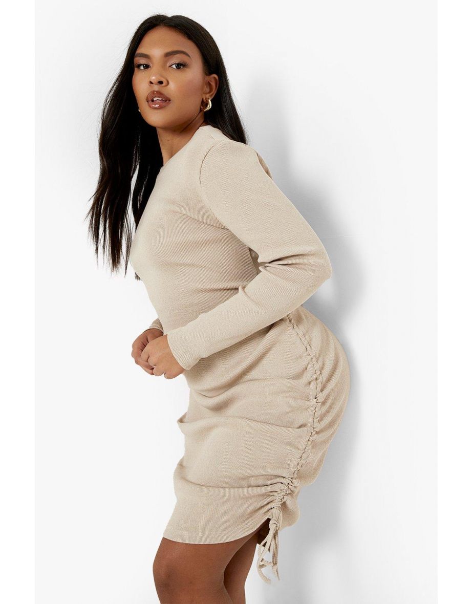 Plus Rib Ruched Long Sleeve Bodycon Dress - stone - 3