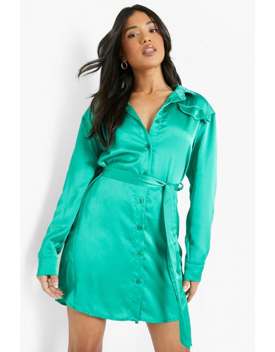 Petite Satin Pocket Detail Belted Shirt Dress - green