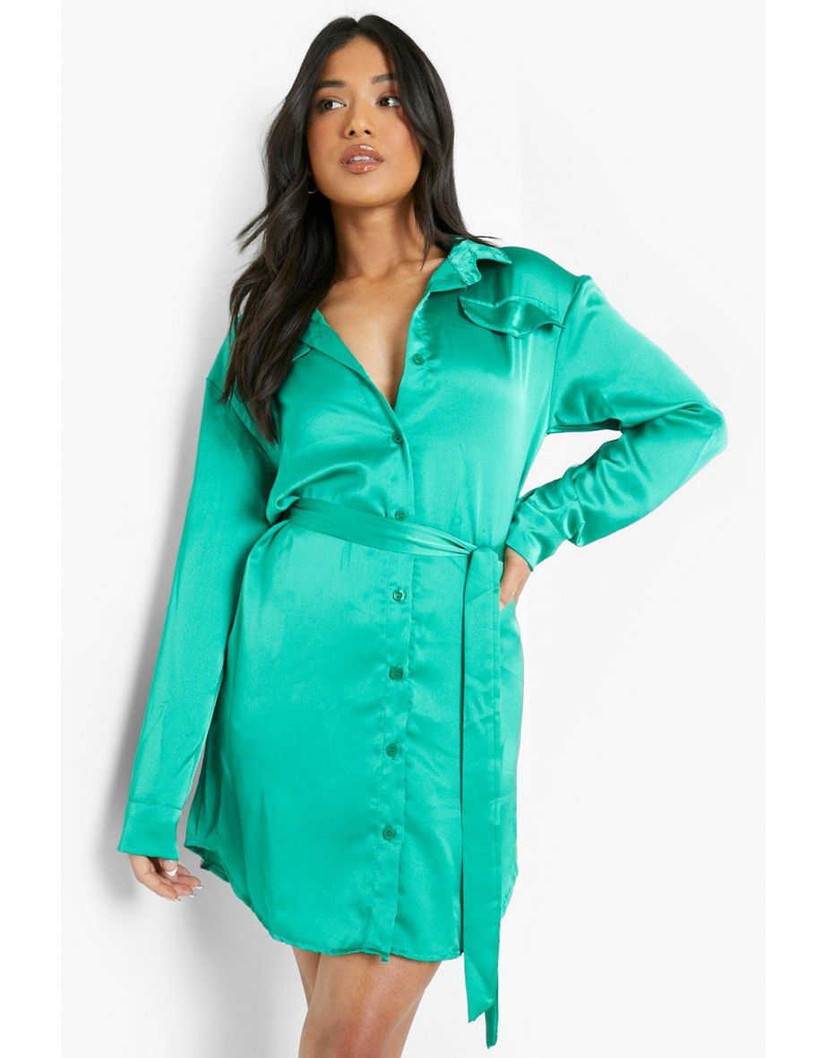 Petite Satin Pocket Detail Belted Shirt Dress - green - 3