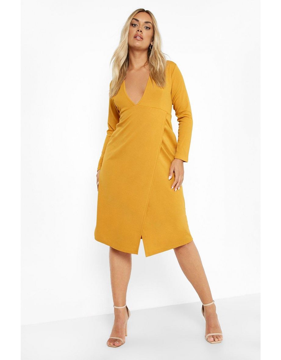 Plus Plunge Wrap Midi Dress - mustard