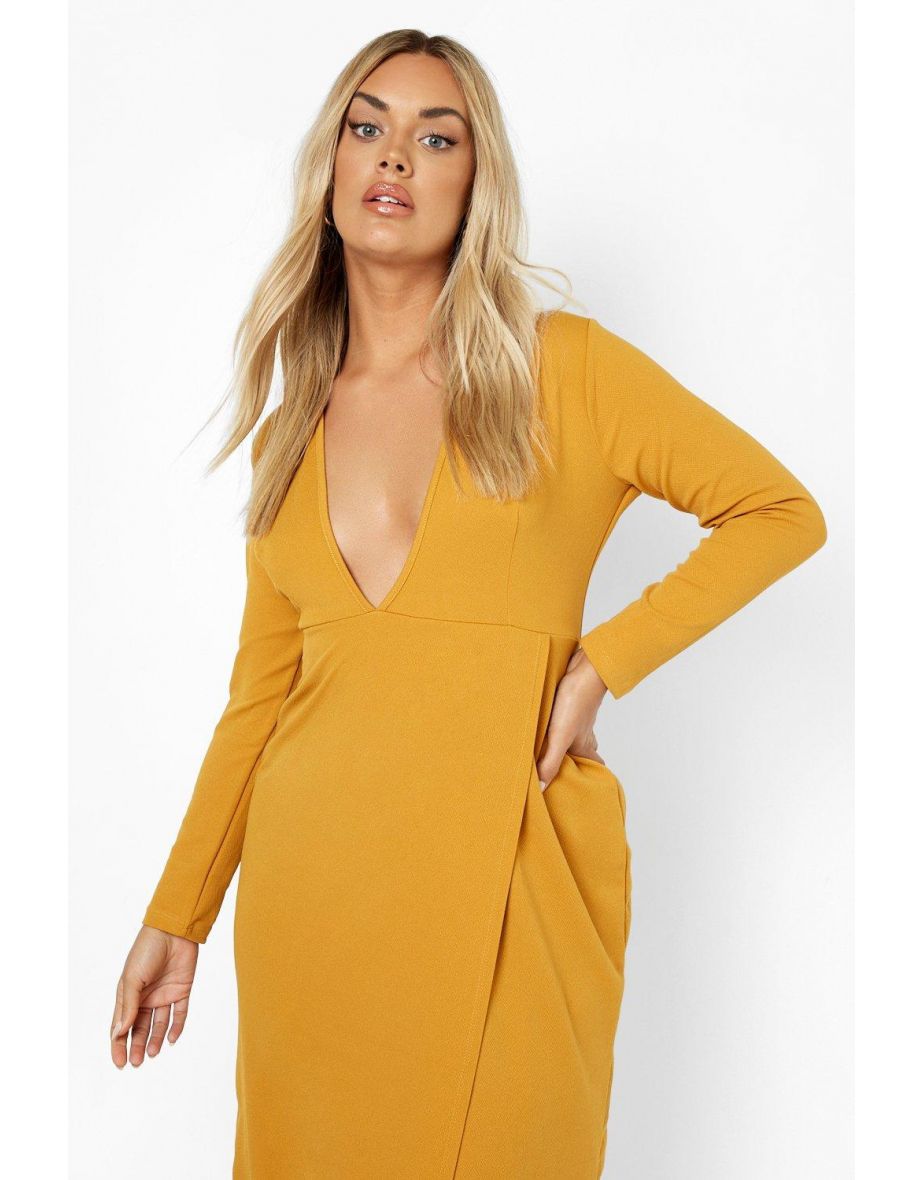 Plus Plunge Wrap Midi Dress - mustard - 3