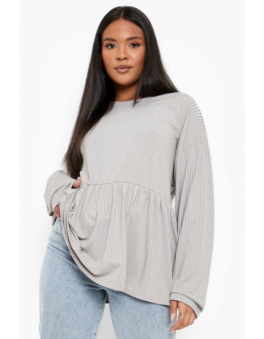 Plus Rib Peplum Smock Top - grey - 3
