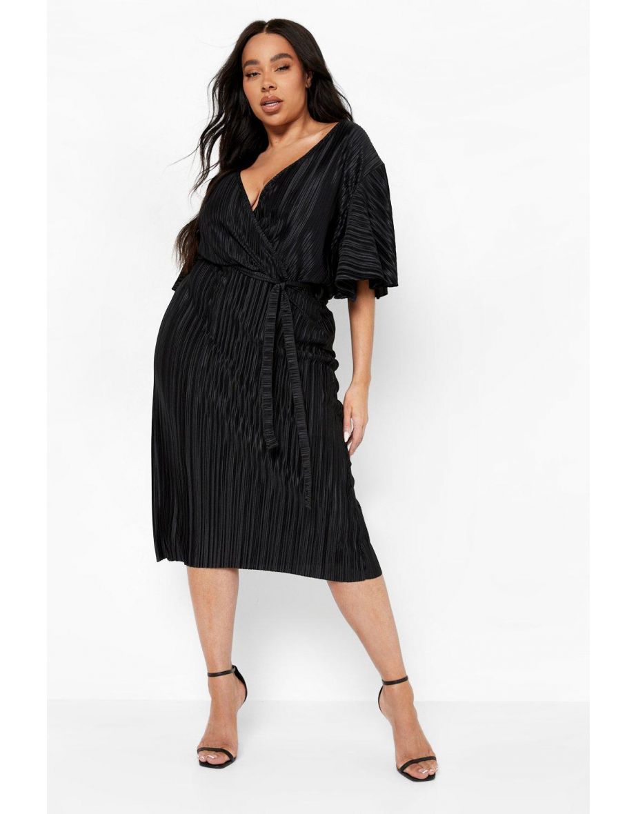 Plus Plisse Wrap Midi Dress - black