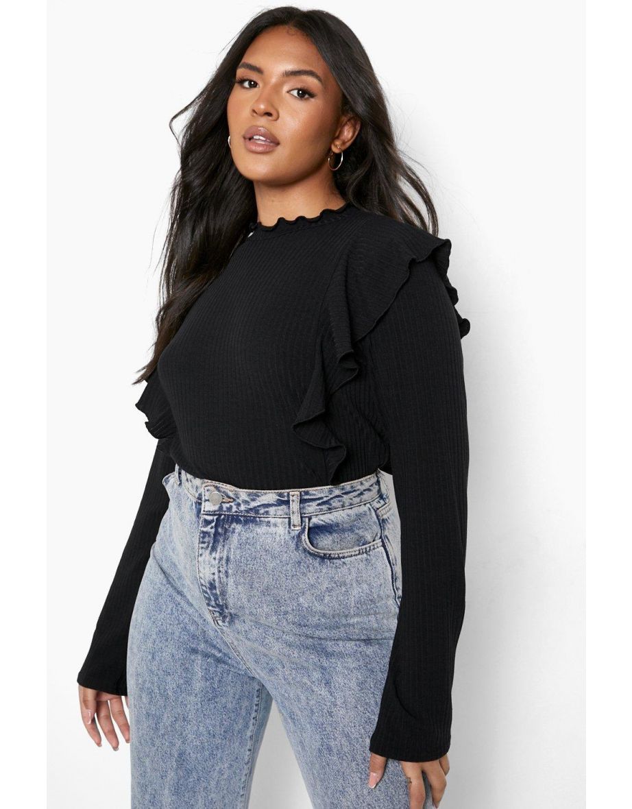 Plus Rib Ruffle High Neck Top - black