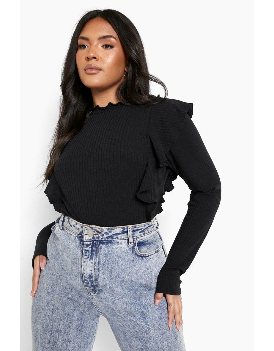Plus Rib Ruffle High Neck Top - black - 3
