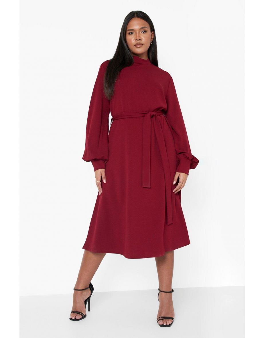 Plus High Neck Blouson Sleeve Midi Dress - berry