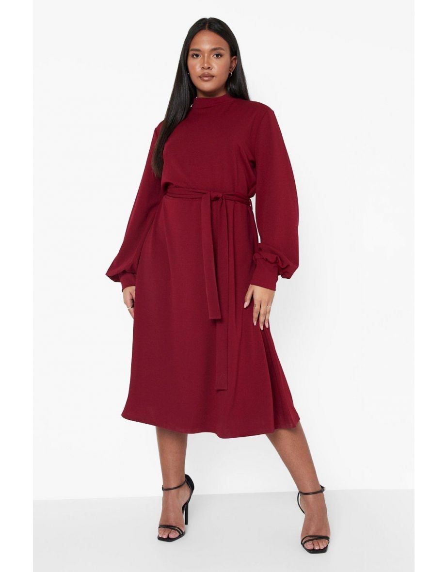 Plus High Neck Blouson Sleeve Midi Dress - berry - 3
