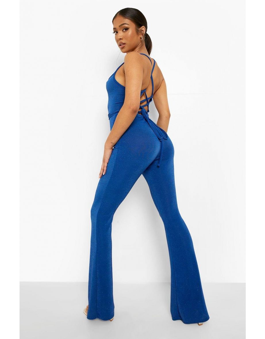 Petite Glitter Lace Up Back Jumpsuit - cobalt