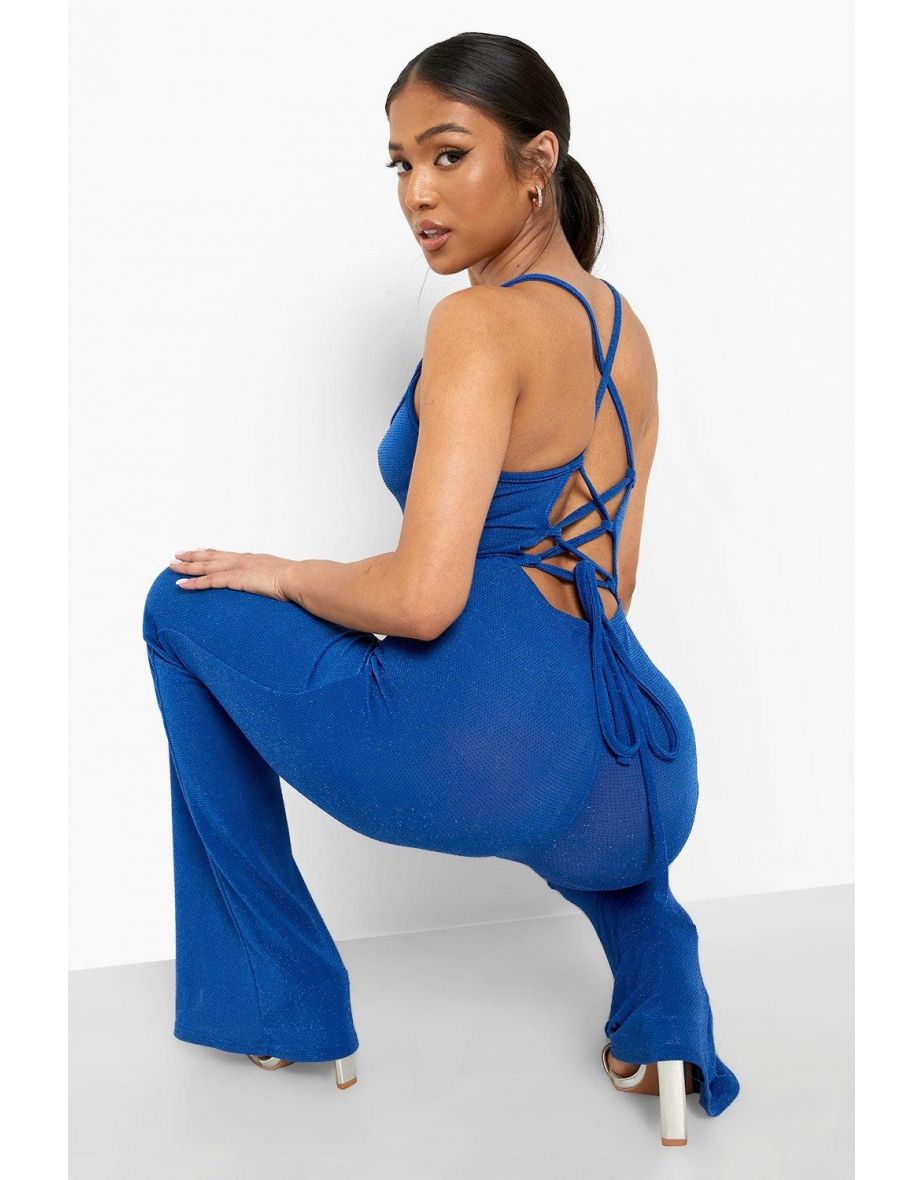 Petite Glitter Lace Up Back Jumpsuit - cobalt - 3