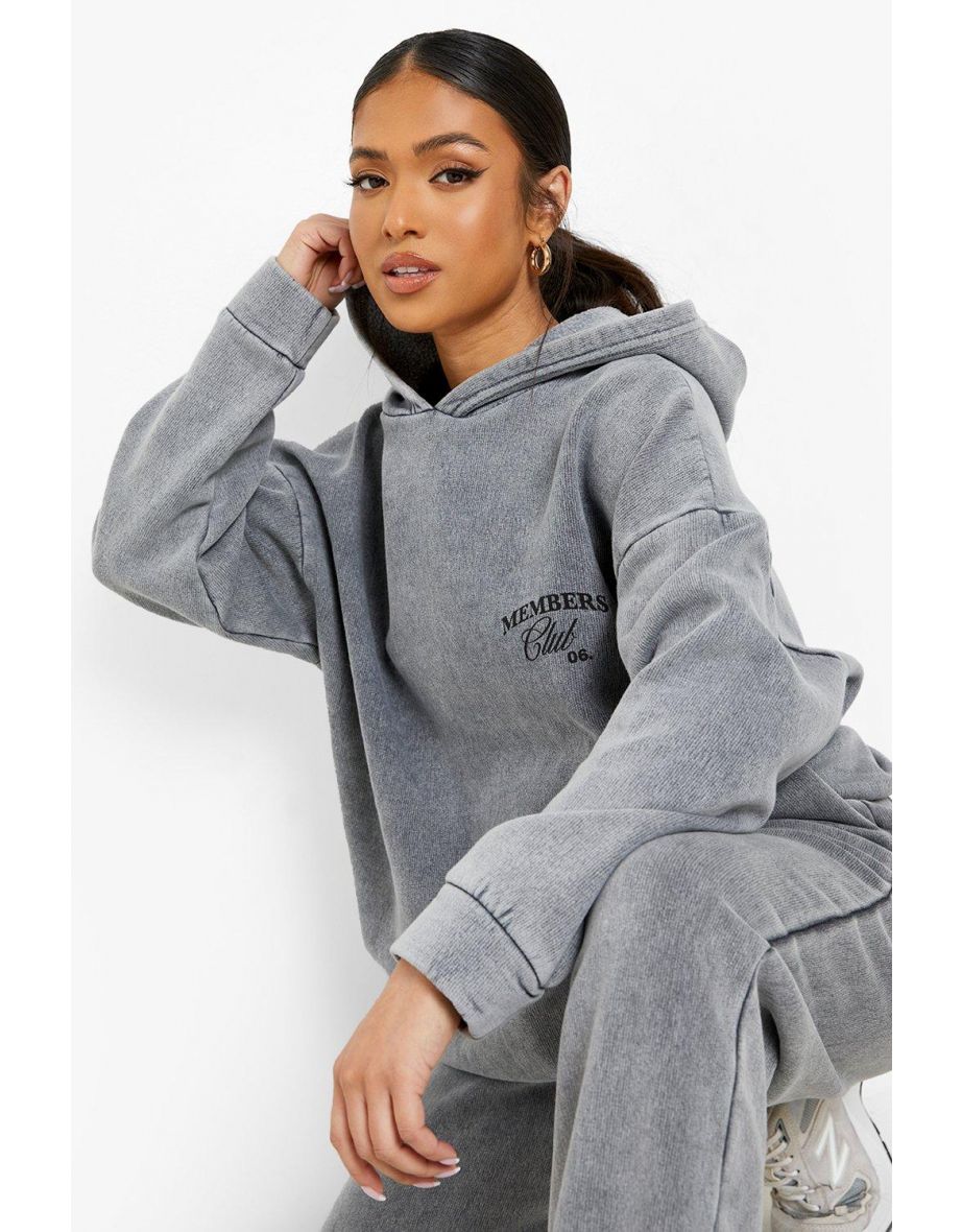 Petite Acid Wash Slogan Print Hoody Tracksuit - charcoal