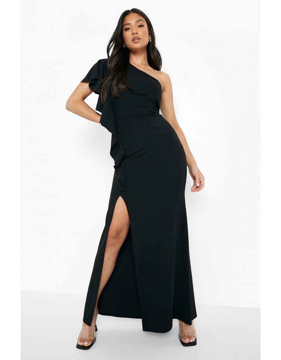 Petite Asymmetric Ruffle Scuba Maxi Dress - black