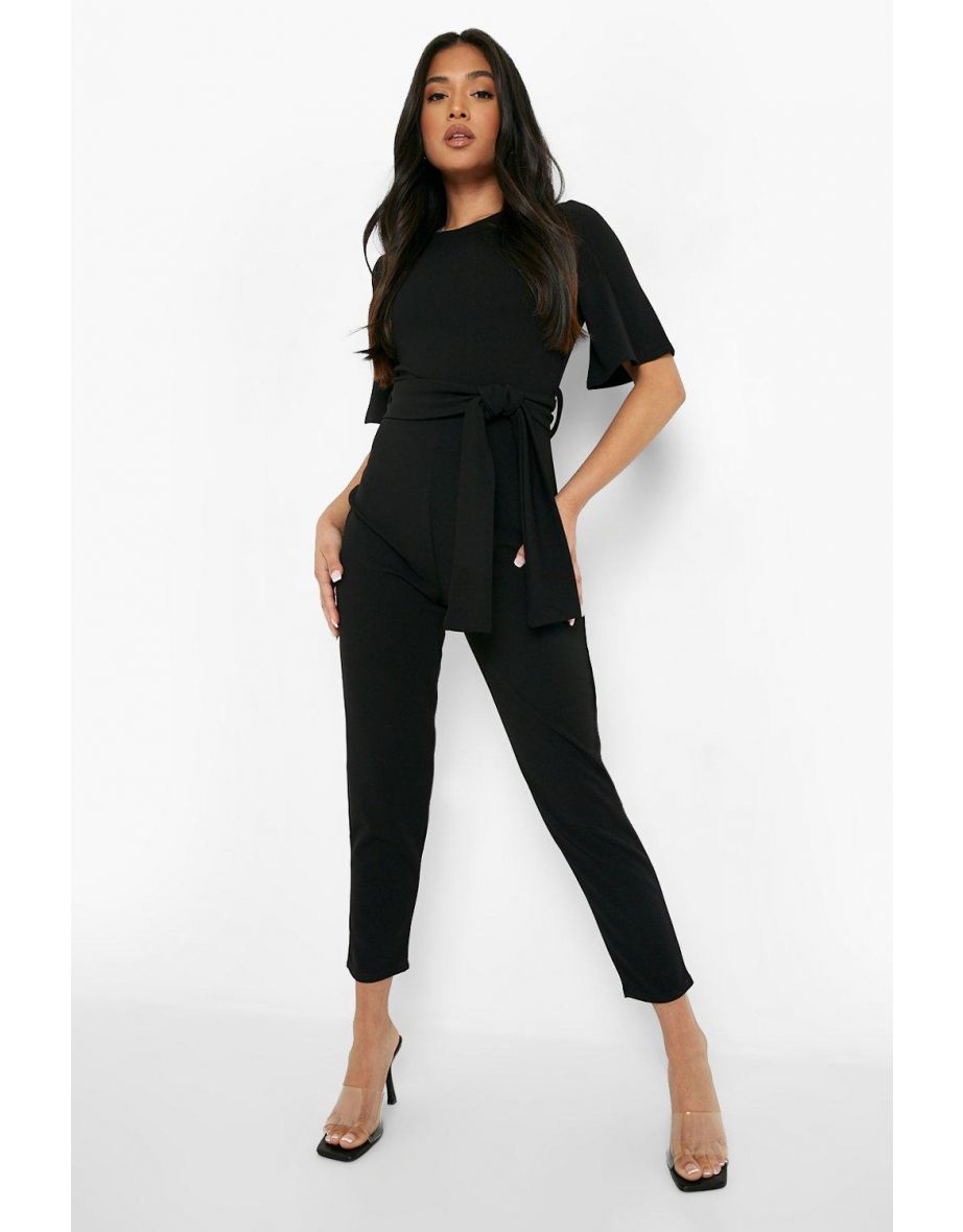 Petite Cape Sleeve Belted Tailored Jumpsuit - black