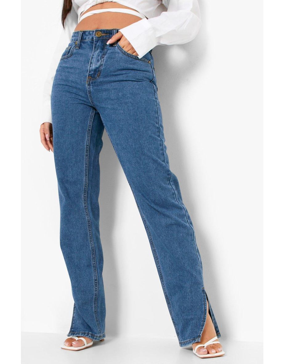 Petite Basic High Waist Split Hem Jeans - mid wash - 3
