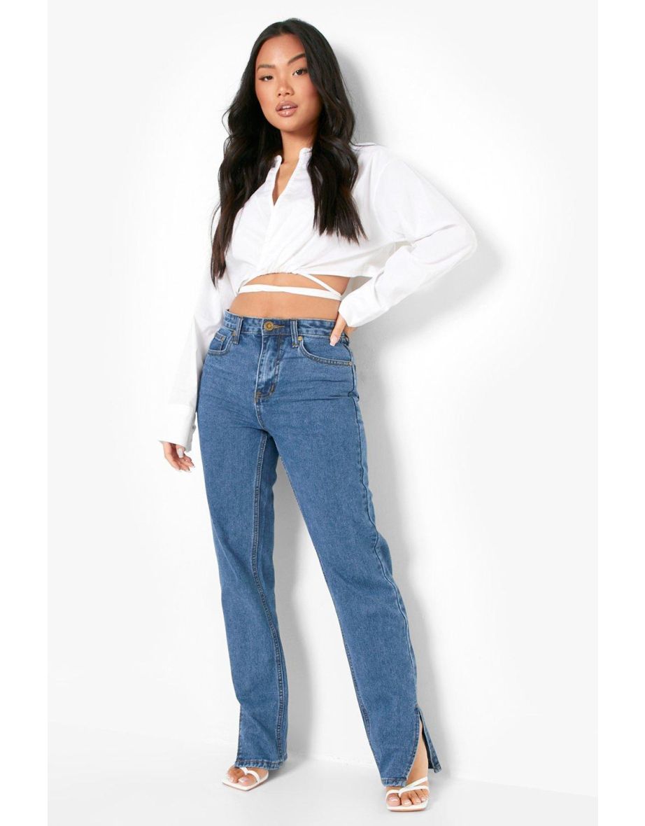 Petite Basic High Waist Split Hem Jeans - mid wash