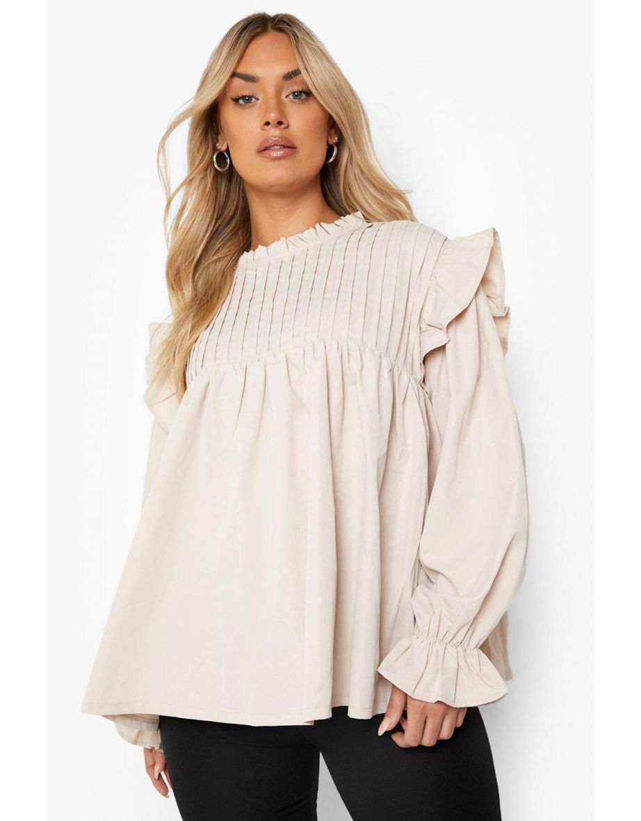 Plus Ruffle Smock Top - stone