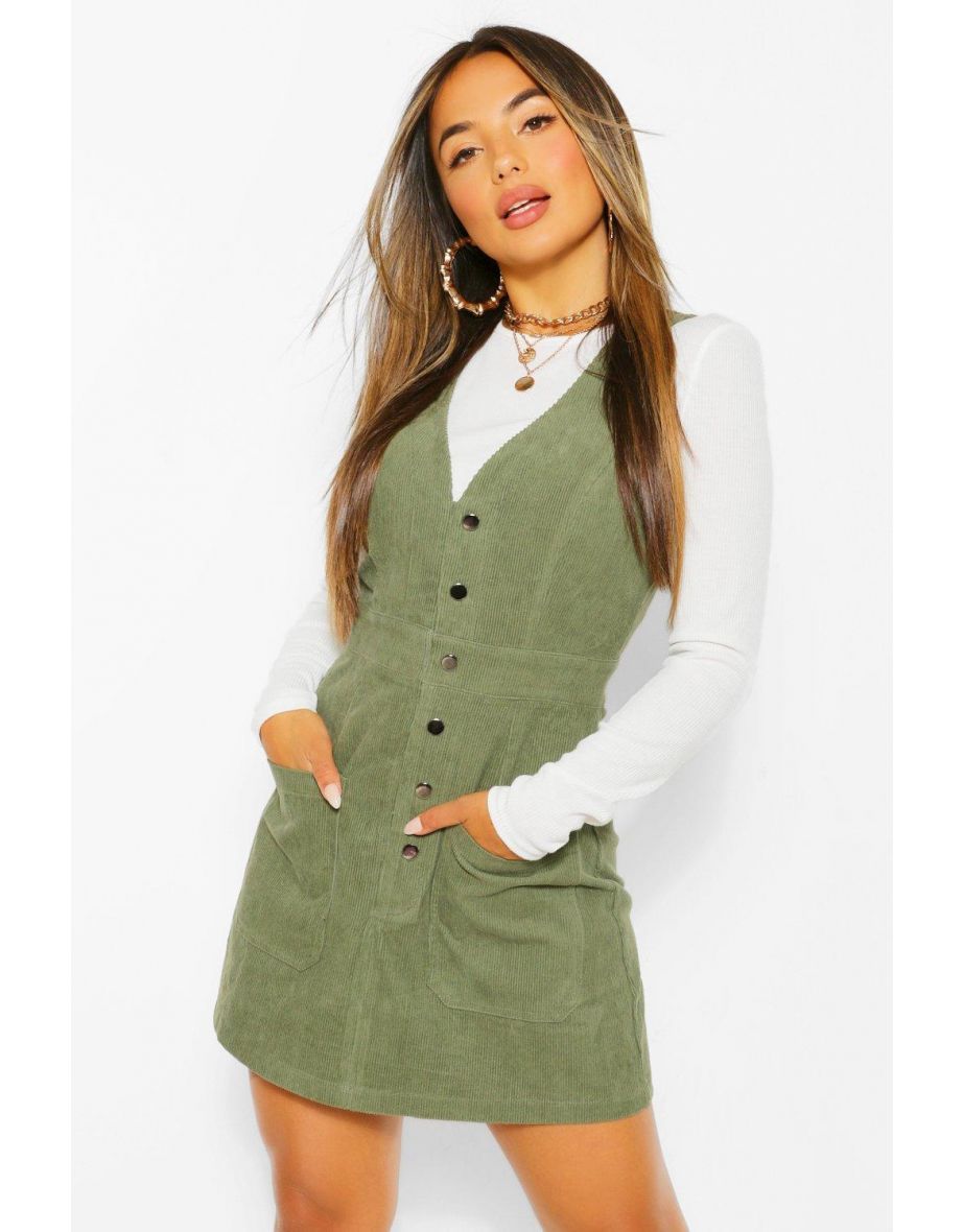 فستان كوردروي بنمط مريلة وأزرار - أخضر - مقاسات صغيرة