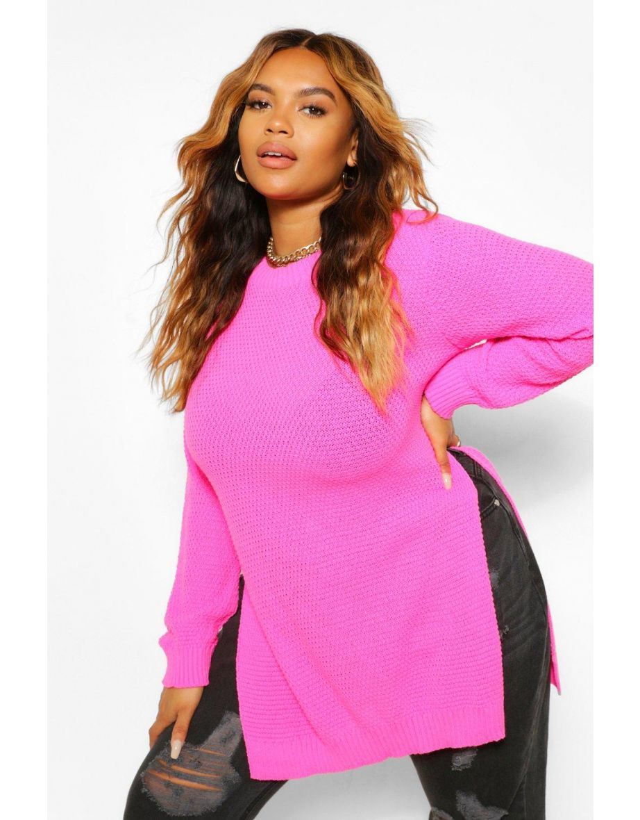 Plus Side Split Moss Stitch Jumper - bright pink