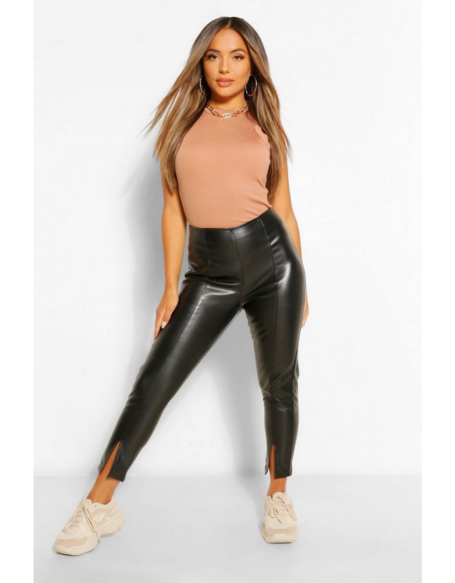 Petite Leather Look Split Front Skinny Trousers - black