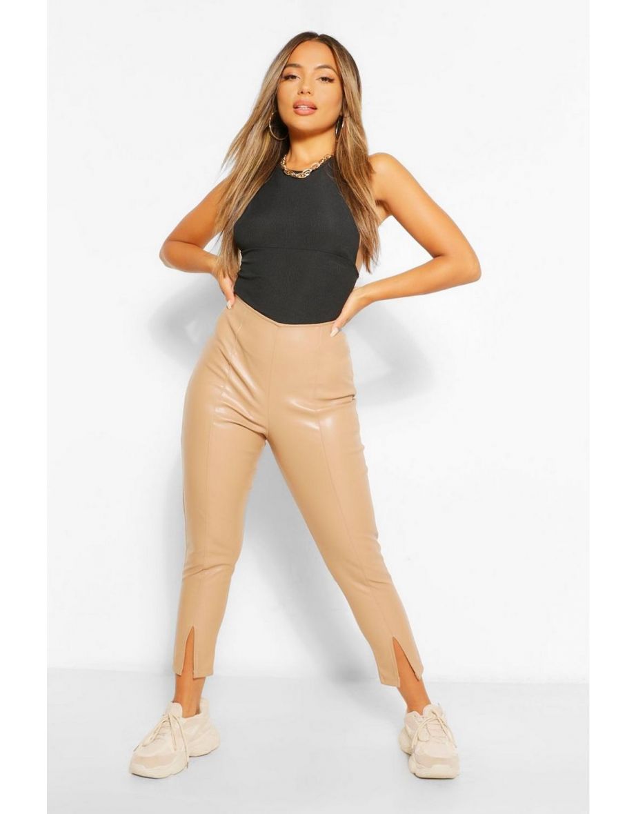 Petite Leather Look Split Front Skinny Trousers - sand