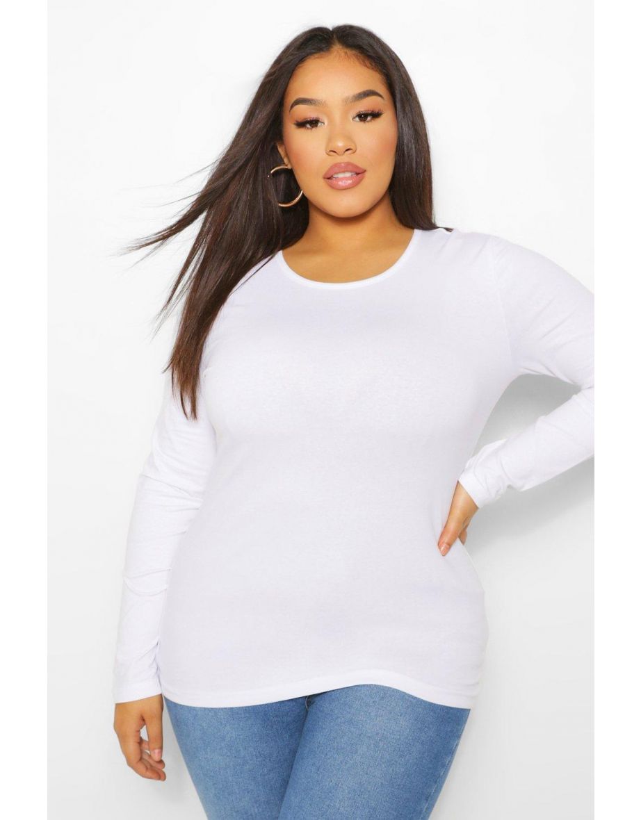 Plus Basic Scoop Neck Long Sleeve T-Shirt - white