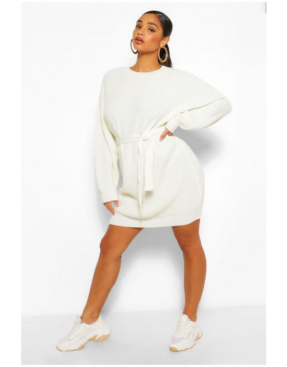 Plus Waffle Knitted Self Belt Jumper Dress - khaki - 3