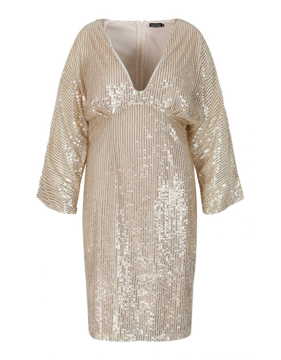 فستان ميدي بأكمام باتوينغ مزين بالترتر - ذهبي - مقاسات كبيرة - 2