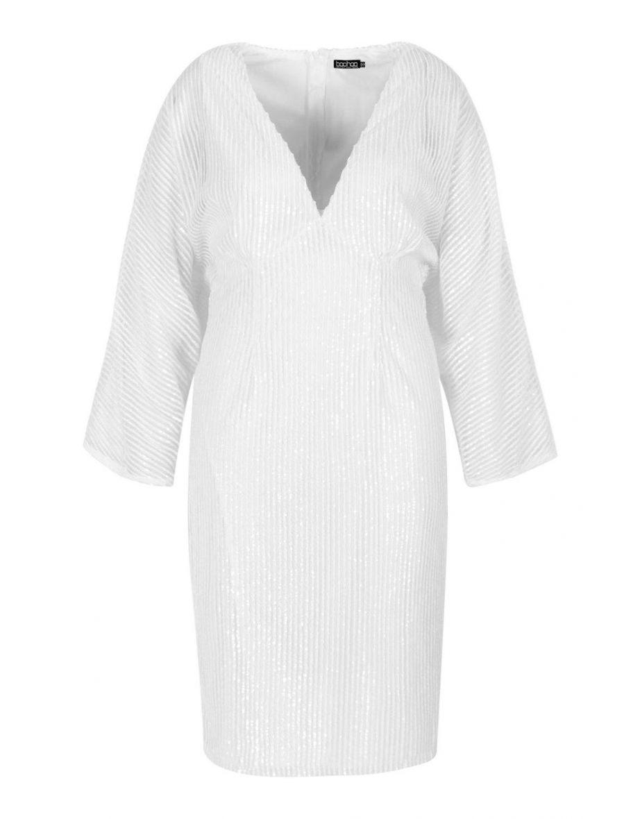 فستان ميدي بأكمام باتوينغ مزين بالترتر - أبيض - مقاسات كبيرة - 1